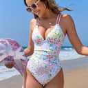 ZAFUL Women's One Piece Swimsuit Tummy Control Slimming Swimwear Floral Double-Strap Back Cut Out Bathing Suit (White, S)