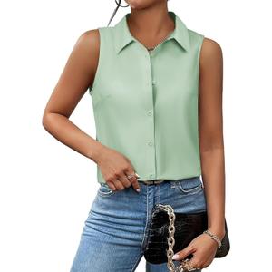 Womens Sleeveless Button Down Shirts Collared Blouse V Neck Work Tank Top Business Office Summer Outfits 2025 (Small, Light Green)