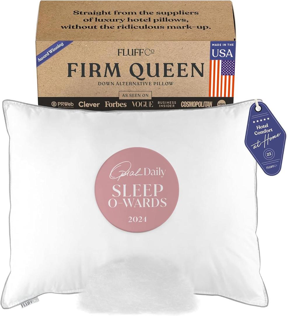 FluffCo Zen Fluff Pillows - Down Alternative - Standard/Queen Bed Pillow for Sleeping Made in USA - Luxury Hotel-Quality Pillow - 100% Cotton, 300 Thread Count (Queen Size 1 Pack)