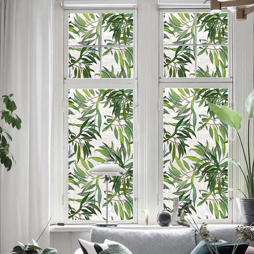 QUCHENG Suncatcher Static Window Film Glass Cling Watercolor Leaves Privacy Decal Living Room Sun Blocking Stained Decor Large Stickers DIY Decorations (16.93*39.37 inch)