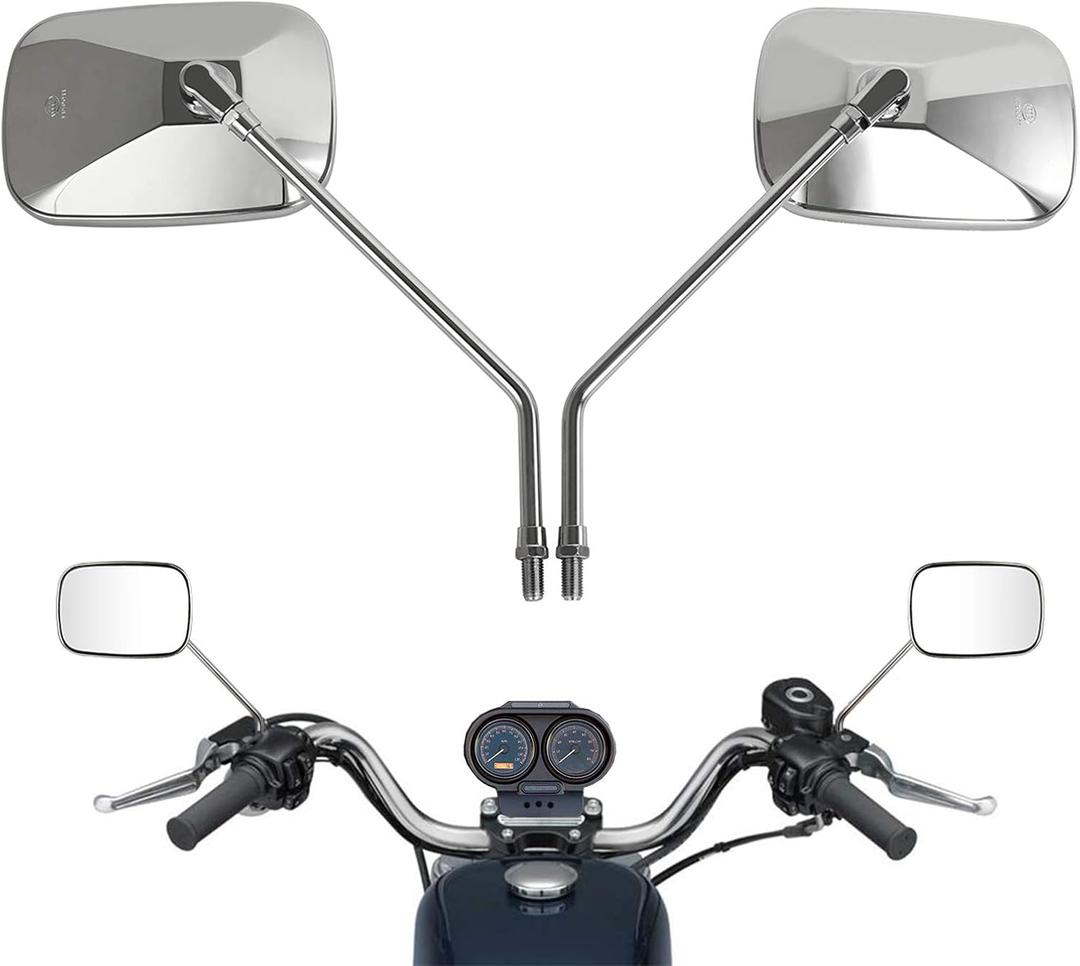Motorcycle Rearview Mirrors, Universal 10mm Thread Handlebar Mirrors Compatible with Harley Honda Kawasaki Yamaha Suzuki Cruiser Scooter, Rectangular Anti-Vibration Mirror, Chrome for Safe Riding