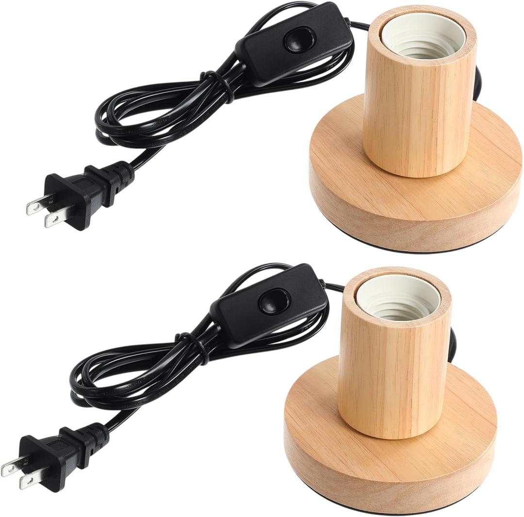 Tuanse 2 Pcs Polished Metal Desktop Lamp Base E26 E27 Screw Light Bulb Holder Sockets Night Light Base Lamp Replacement for Holding Bulb 6 Feet Cord on Off Switch Plug(Wood Color)