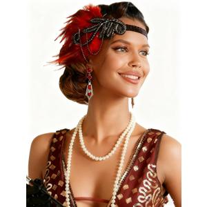 Tongcloud 1920s Flapper Feather Headband with Rhinestones Beaded Great Gatsby Headpiece for Women Showgirl Halloween Cosplay Party (Wine red, Medium)