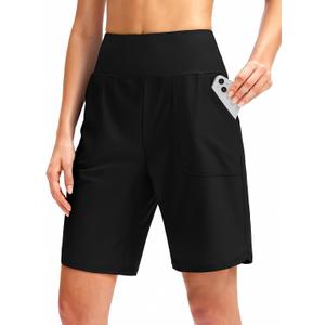 Viodia Women's 9" Long Swim Board Shorts with Pockets High Waisted Beach Swimsuits Knee Length Short for Women with Liner (Black, M)