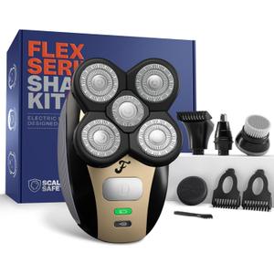 FlexSeries Electric Head & Body Hair Shaver - Mens Cordless Rechargeable Wet/Dry Skull Bald Head Back & Groin Waterproof Razor with Rotary Blades, Clippers, Nose Trimmer, Brush, Massager