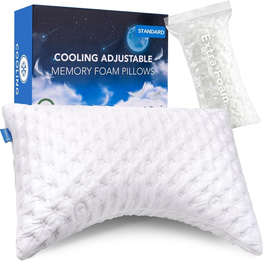 Cooling Side Sleeper Pillow for Neck and Shoulder Pain, Luxury Shredded Memory Foam Curved Bed Pillows for Sleeping Set of 1- Adjustable Standard Size- Washable Cover Crescent White