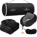 Travel Pillow and Blanket Set Neck Pillows Travel Essentials with Sleep Mask for Airplane Car Memory Foam Black