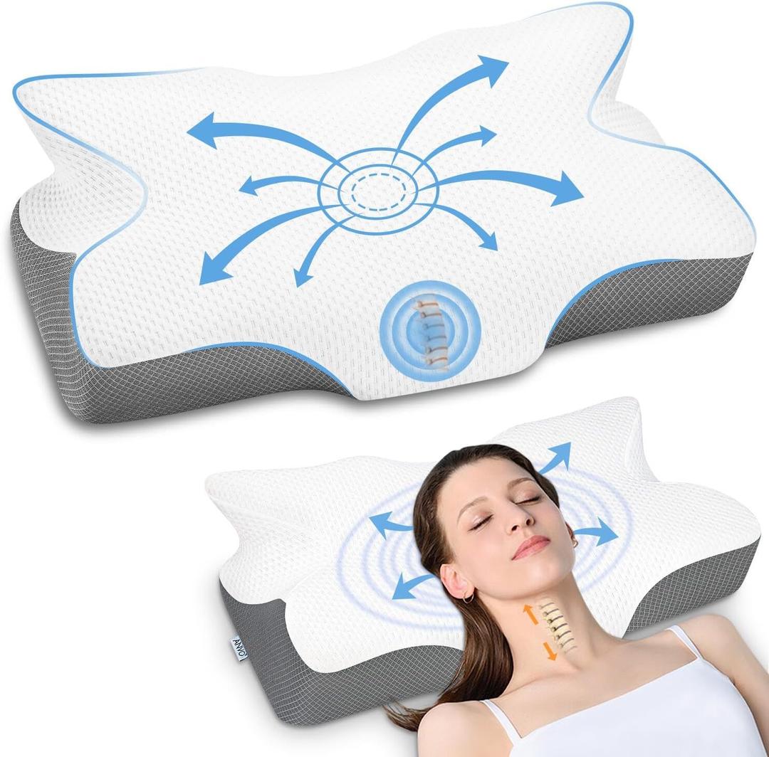 Anvo Cervical Pillow for Neck Pain Relief, Neck Pillows for Pain Relief Sleeping, Memory Foam for Back and Shoulder Pain, Ergonomic Design for Side Back Stomach Sleeper, White Firm Queen