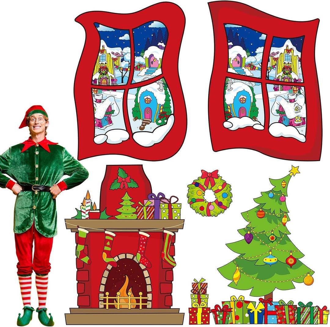 Maysing 6 Pcs Christmas Wall Decor Fireplace Backdrop Decorations Red Green Photo Background Fabric Wall Decor Window Christmas Tree Fireplace Wreath Gift Box for Xmas Party Decoration Supplies