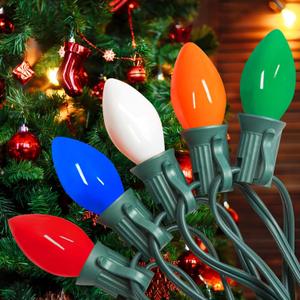 C7 Vintage Christmas Lights Outdoor Multicolor Tree String, 25FT Colorful Indoor Hanging Decorations for House Garden Patio Party (Green Wire)