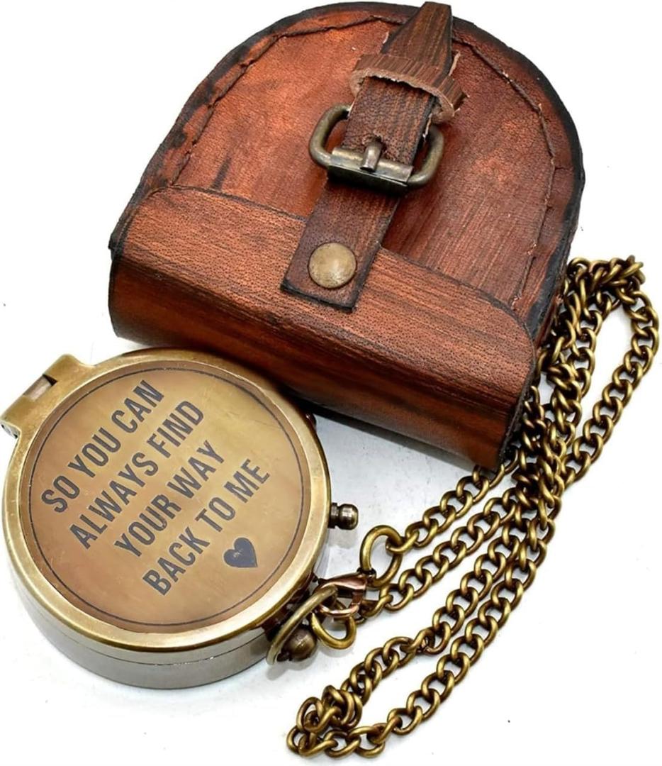 So You Can Always Find Your Way Back Home Engraved Brass Compass with Premium Leather Case & Chain - Brass Pocket Compass - Personalized Compass Gift for Hiking,Husband, Him, Her,Son, Graduation Day