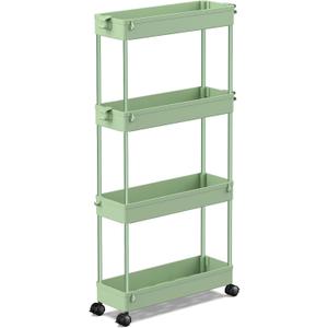 SPACEKEEPER Slim Rolling Storage Cart 4 Tier Bathroom Organizer Utility Cart Mobile Shelving Unit Tower Rack for Kitchen, Laundry Room, Bathroom, Narrow Places, Green
