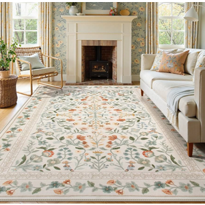Lahome Floral Area Rug 9x12, Non-Slip Untra-Thin Washable Living Room Rugs, Vintage Botanical Print Low-Pile Soft Botanical Rug for Bedroom Dining Room Office, Beige