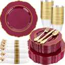 Liacere 350PCS Red Plastic Plates-Disposable Burgundy Red and Gold Plates 50guest Baroque Plastic Dinnerware include 100Plates, 50Pack Pre Rolled Napkins with Silverware 50Cups for Christmas