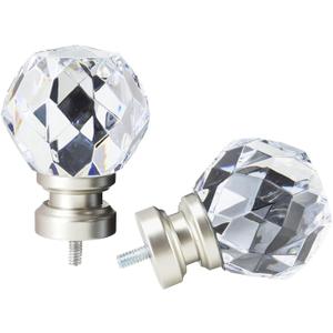 Decorative Curtain Rod Finials, Luxury Crystal-clear Faceted, Round, Set of 2, Compatible with 1 or 1-1/8 dia curtain rod, Standalone finial pair, Silver