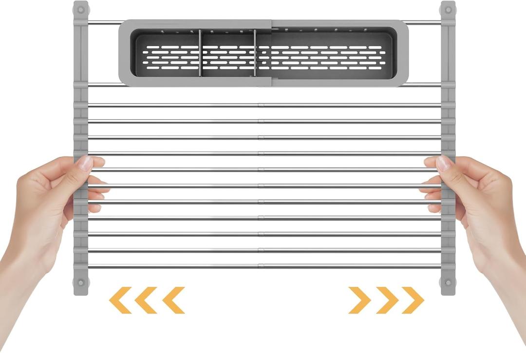 Yofidra Expandable Roll-Up Dish Drying Rack (Up to 19.6") with Expandable Storage Basket, Over-The-Sink Dish Drainer Drying Rack, Foldable Stainless Steel Kitchen Drainer - Grey (19.6 x12.59 in, Gray)