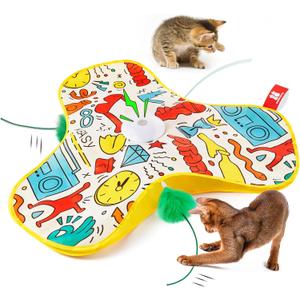 Potaroma Interactive Cat Feather Toys, Hide and Seek Concealed Moving Feather Wand, Rechargeable Touch Activated Indoor Kitten Exercise Kicker, Mouse Squeaky, Graffiti Cover