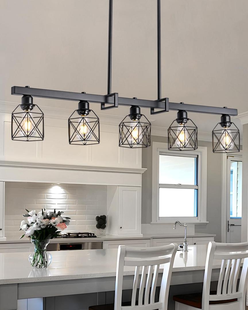 5-Light Farmhouse Kitchen Island Lighting Black Hardware and Black Metal cage Frame Design Rustic Vintage Pendant Ceiling Light Suitable for Dining Rooms and Living Rooms, 30 inches x 30 inches x 30 inches