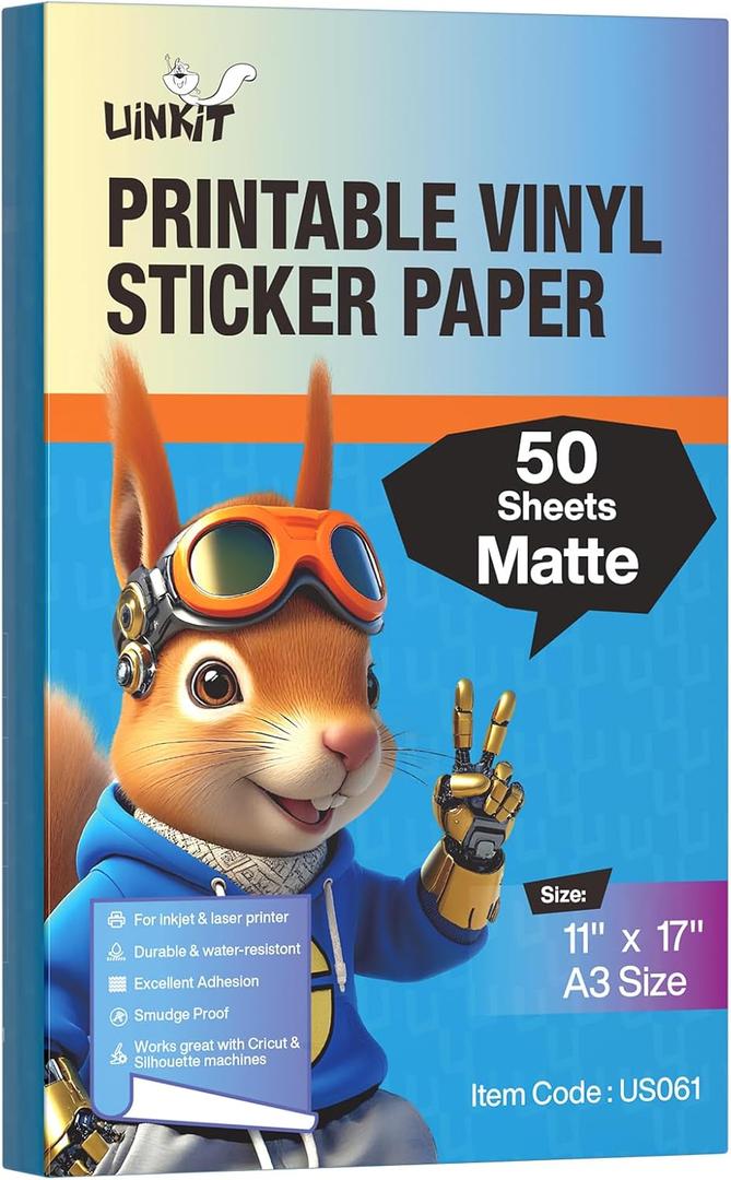 Uinkit Matte Sticker Paper 50 Sheets - Printable Vinyl Sticker Paper for Inkjet & Laser Printers, Waterproof Tear-Resistant Decals for Crafts, Labels & Small Projects (11"x17")