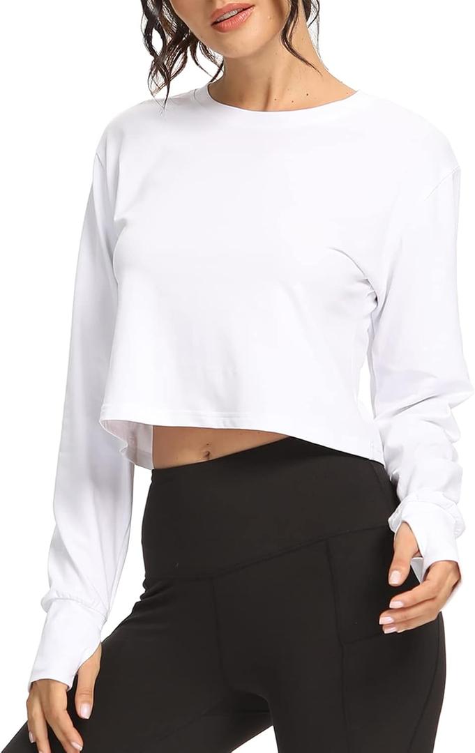 Muzniuer Long Sleeve Crop Top Workout Tops for Women Thumb Hole Tops (X-Large, White)