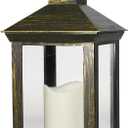 Bright Zeal 14" Tall Vintage Decorative Lantern with LED Pillar Candle (Distressed Gold) - Outdoor Lights Decorative Hanging - Battery Lantern with Timer - Vintage Candle Light