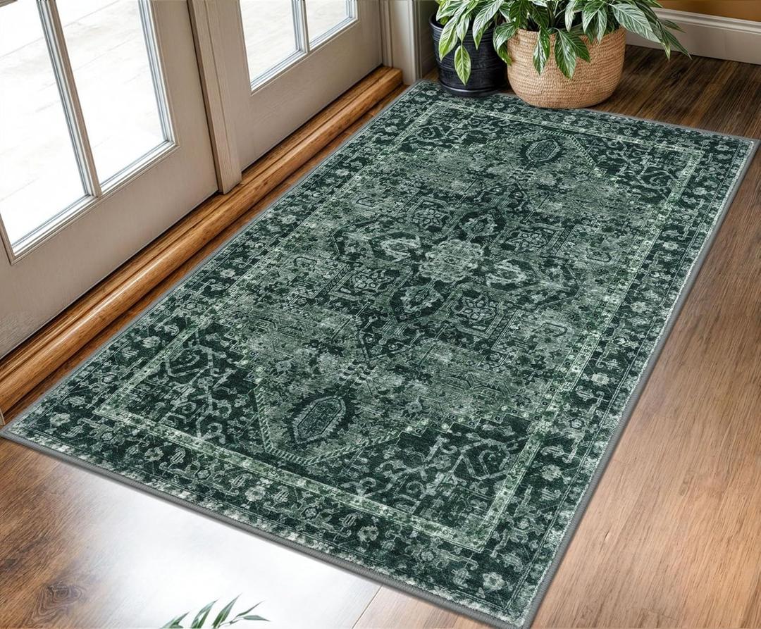 KOZYFLY Boho Area Rug 3x5 Ft Rugs for Entryway Washable Entry Rug Non Slip Door Mat Indoor Entrance Printed Faux Wool Throw Rugs for Entrance Kitchen Living Room, Dark Green