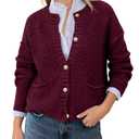 Womens Chunky Knit Cardigan with Gold Buttons Button Down Crewneck Long Sleeve Sweater with Pockets (Red, L)