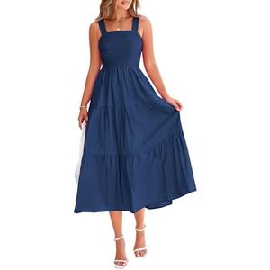 PRETTYGARDEN Midi Dress for Women 2025 Summer Smocked Ruffle A Line Long Flowy Dresses Cute Sleeveless Beach Sundress, XXL