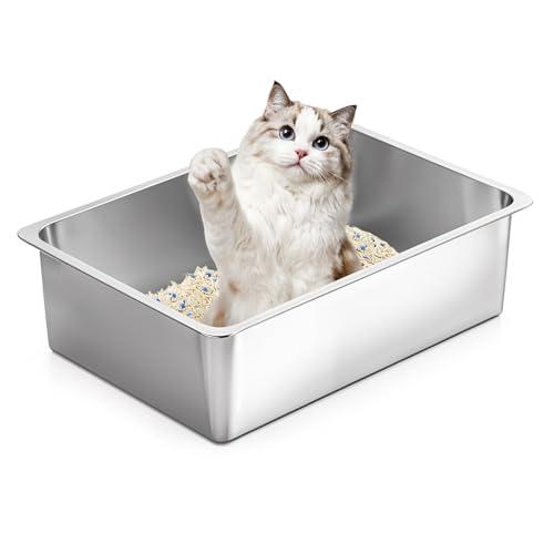 Kirecoo Stainless Steel Cat Litter Box, Large Metal High Sided Cat Pan Box, Indoor Litter Tray, Non Stick, No Smell, Easy to Clean, Pet Toilet Supplies for Cats