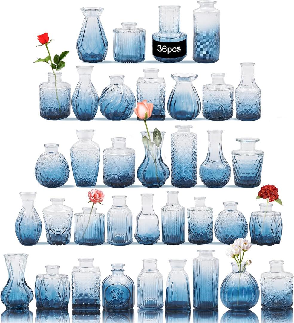 Glass Bud Vases Set of 36PCS, Small Flower Vases for Wedding Centerpiece Table Decoration, Vintage Vase in Bulk for Flower Arrangements, Mini Vase for Birthday Party, Festival Home Decor, Blue