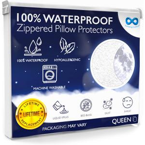 100% Stain Resistant & Waterproof Queen Size Pillow Protectors with Zipper Set of 2 - Bed Bug & Dust Mite Proof White Pillowcases - Breathable, Comfortable Pack of Covers for Pillows, 20 x 30 Inches