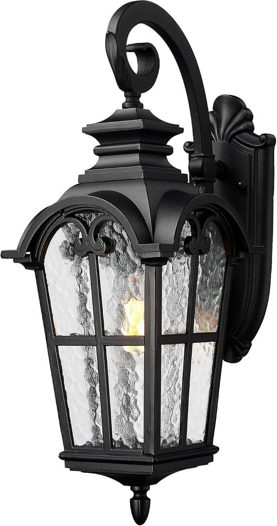 Emliviar Farmhouse 25 Inch Outdoor Wall Lantern Sconce, 1-Light Large Patio Wall Light Fixture with Water Grain Glass, Black Finish, WE215BM BK, 24.9 Inch - No Function