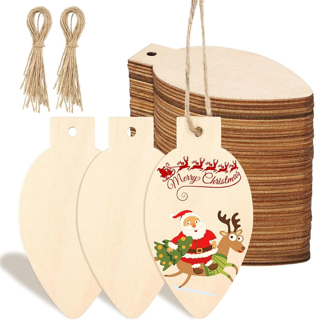 Queekay 50 Pcs Christmas Unfinished Wooden Light Bulb Wooden Slices Blank Hanging Decorations with Rope Unfinished Predrilled Discs for Christmas Crafts DIY Decoration(Wood Color)