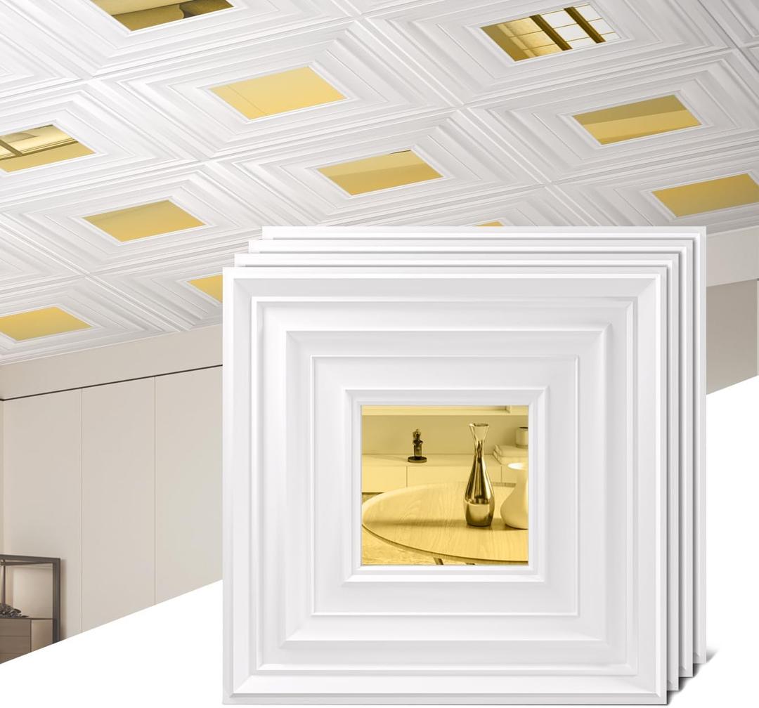 12 Pack PVC Ceiling Tiles 19.7"x19.7" – Silver Mirror & Wood Grain 3D Wall Panels for Wall and Ceiling Decoration,Cover 32.3 Sq.Ft – Waterproof,Lightweigh(White and gold mirror)