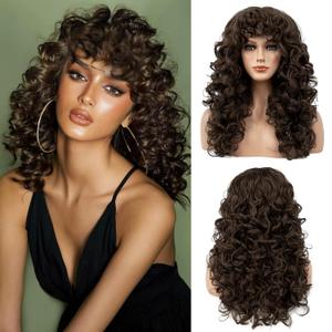 FLUFYMOOZ Curly Wig with Bangs for Black Women, 20 Inch Dark Brown Curly Gorgeous Shag Hair Wig, Curls with Wispy Bangs Heat Resistant Soft Synthetic Wig for Women Daily Use Party Cosplay（dark brown）