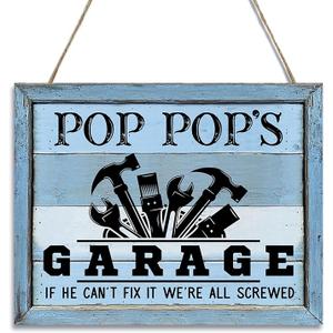 Wood Sign for Grandpa - Pop pop's Garage If He Can't Fix It, We're All Screwed - Vintage Wooden Hanging Wall Plaque,Funny Gift for Grandpa ,Garage Decor Workshop & Farmhouse Wall Decor Gift for Grandfather(POP POP'S) Brand: KLYTIN