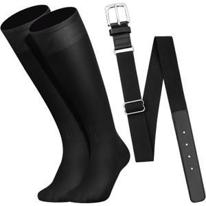 2 x Baseball Socks and Belt Combo Set for Youth Boys Girls Adult, Softball Tball Belt Socks with Elastic Belts (Large, Black)