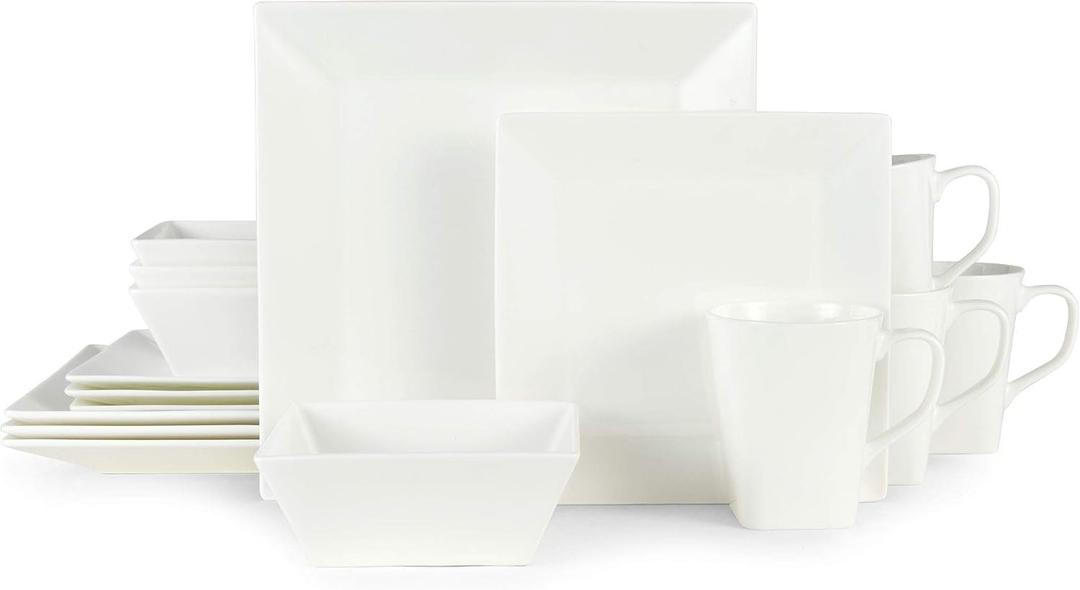 Mikasa Square Delray 16-Piece Bone China Dinnerware Set, Service for 4, White