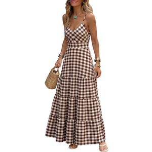 Caracilia Womens Summer Gingham Striped Flowy Spaghetti Strap Maxi Dress Medium