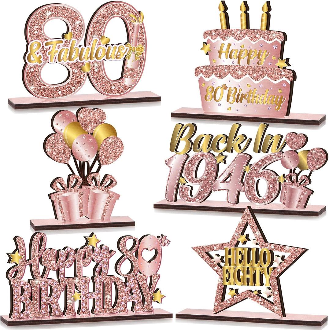 6 Pcs 80th Birthday Decoration Vintage 1946 Wooden Table Centerpieces Decoration Pink Rose Gold Hello Eighty Party Supplies Happy 80th Birthday Decorations for Women 80th Party Table Sign Decor