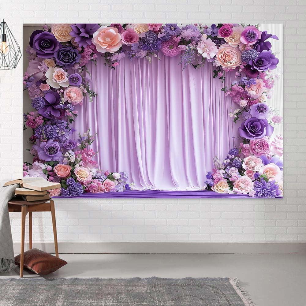 8X6ft Purple Flower Wall Background Photography Lavender Backdrop for Parties Wedding, Girls Birthday Princess Weeding Bridal Shower Purple Floral Anniversary Ceremony Decor (Multi)