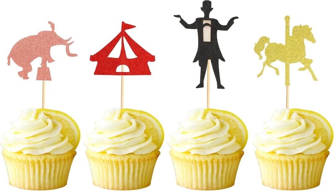 Pack of 48 Circus Theme Cupcake Toppers Glitter Magician Elephant Horse Cupcake Picks Baby Shower Kids Birthday Party Carnival Decorations Cake Decorations Supplies