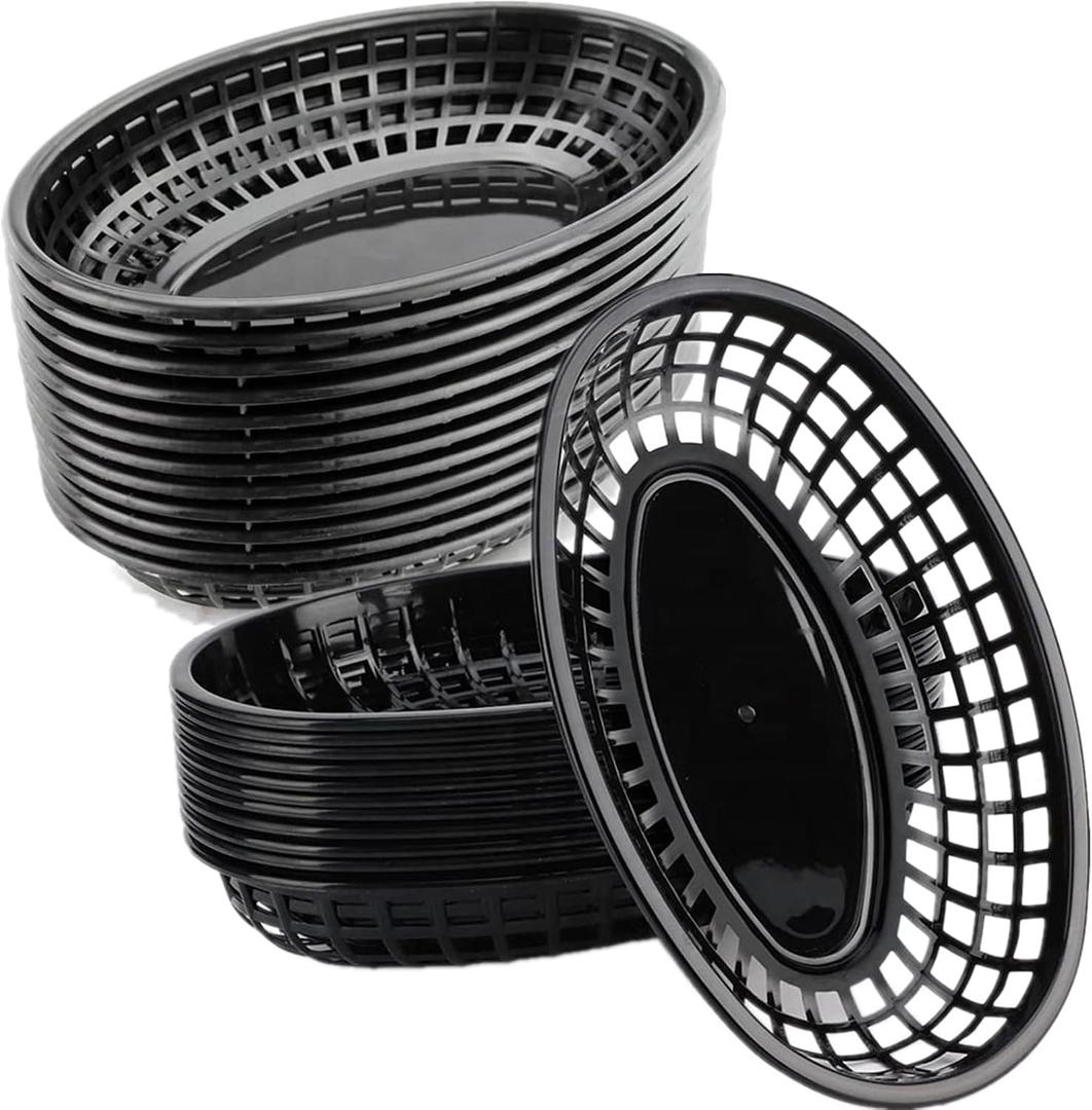50 Pack Oval Fast Food Baskets, Reusable Black Bread Basket, Plastic Deli Chip Baskets, 8.9"L x 5.3"W Food Service Tray Holder for Burgers, Fries, Snacks, Sandwiches, Burgers, Nachos, Picnic