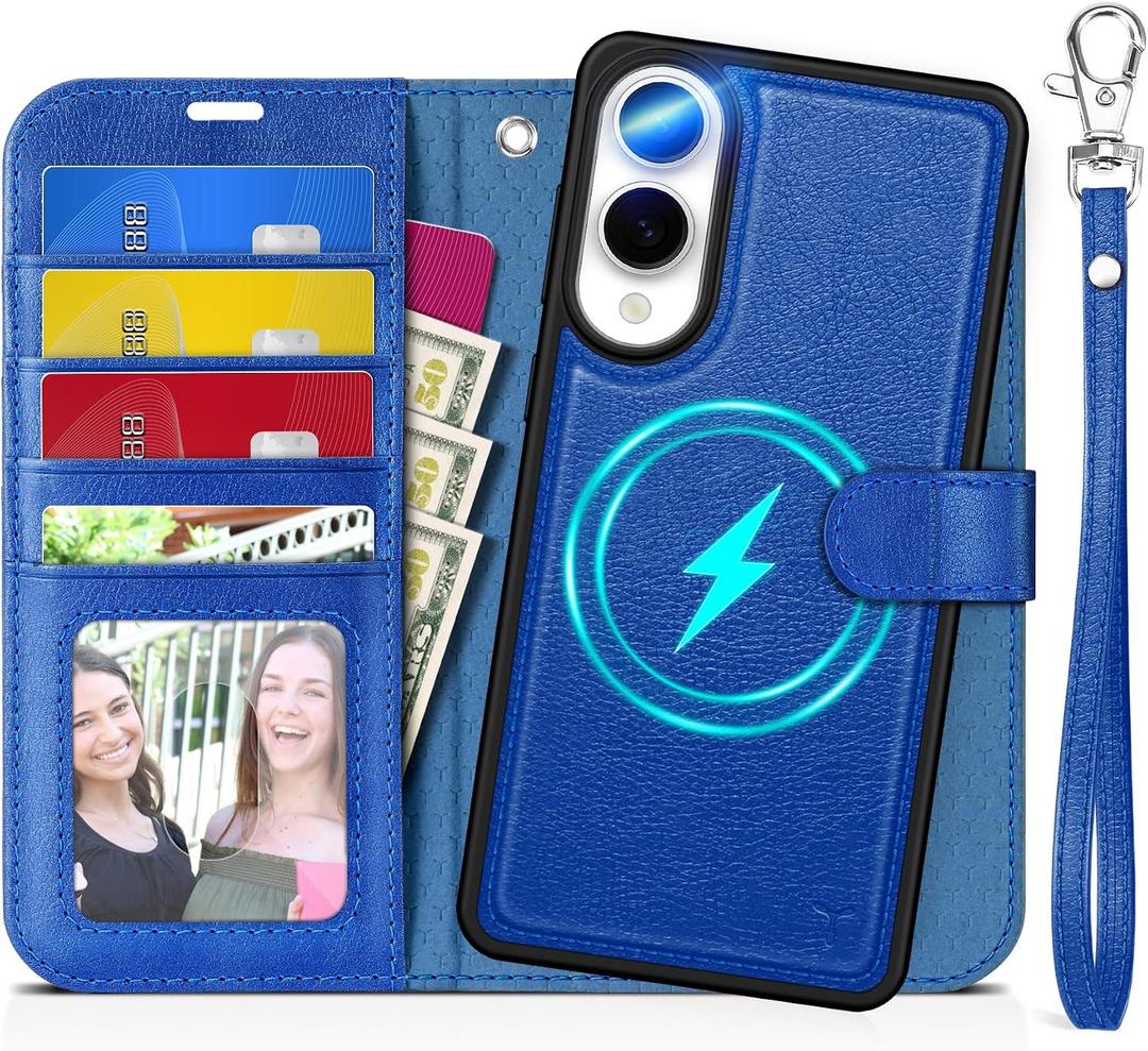 TUCCH Case Wallet for Galaxy S25 Edge, Removable [2 in 1] [Wireless Charging] Wrist Strap PU Leather Magnetic Stand RFID Blocking [4 Card Slots] Detachable Folio for Galaxy S25 Edge 6.7", Klein Blue