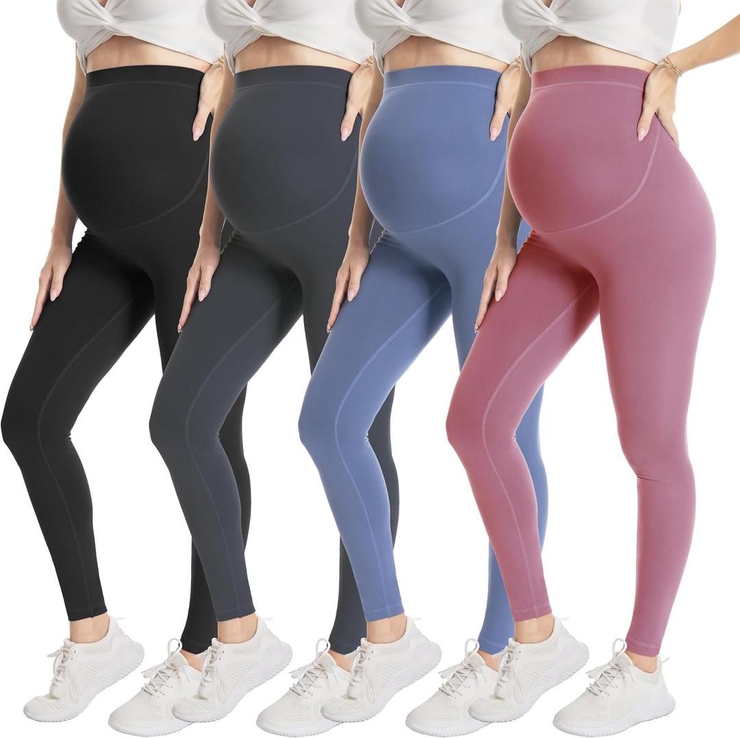 WELL&JUST Maternity Leggings Over The Belly - Ultra Soft Pregnancy Active Wear for Workout Casual, High Waist Yoga Tights (Small, 4 Packs-black/Dark Grey/Blue/Dark Pink)