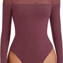 Avidlove Women's Long Sleeve Bodysuits Thong Turtle Neck Body Suit Mesh Going Out Leotard Tops One Piece (Large, Purple Red)