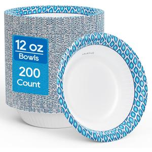 MUCHII 12 Oz Paper Bowls 200 Counts Disposable Bowls, Printed Soak Proof Small Bowls for Breakfast, Lunch, and Dinner Meals