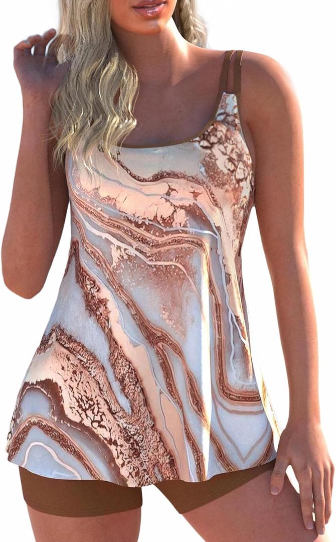 ROSEWE 2025 Tankini Swimsuits for Women, Two Piece Bathing Suits with Shorts, Modest Tank Top Swim Dress (Large, Light Coffee)