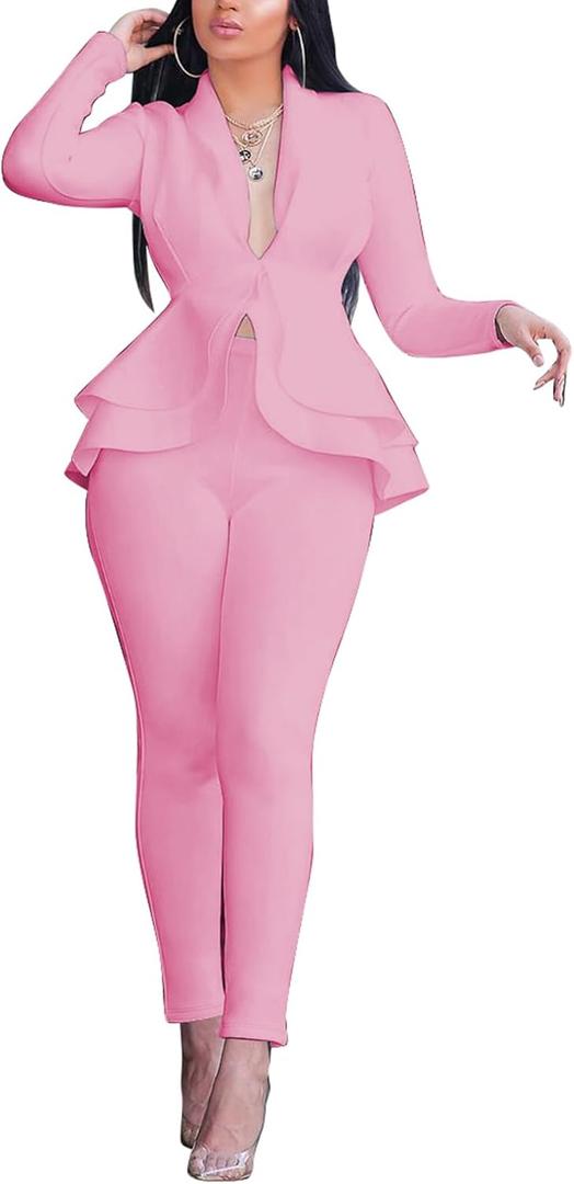 Women's Deep V Neck Ruffle Blazer Two Piece Outfits Sets Long Sleeve Long Pants Bodycon Business Suit Set (Small, Pink)