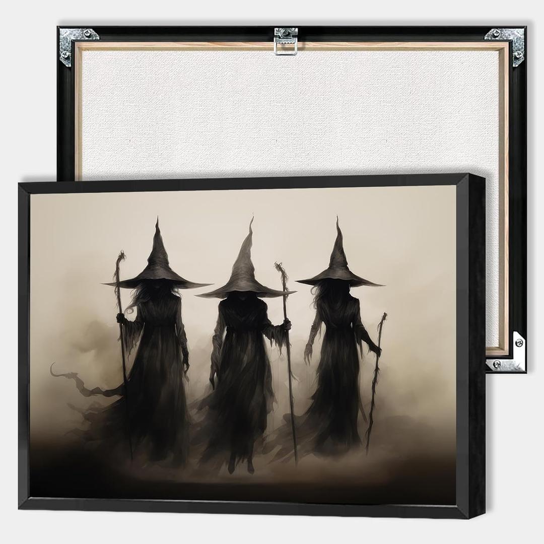 Halloween Vintage Three Witches Canvas Posters Halloween Witch Thriller Wall Art Rustic Goth Dark Academia Horror Prints Painting For Living Room Bedroom Wall Decor 12x16in Unframed